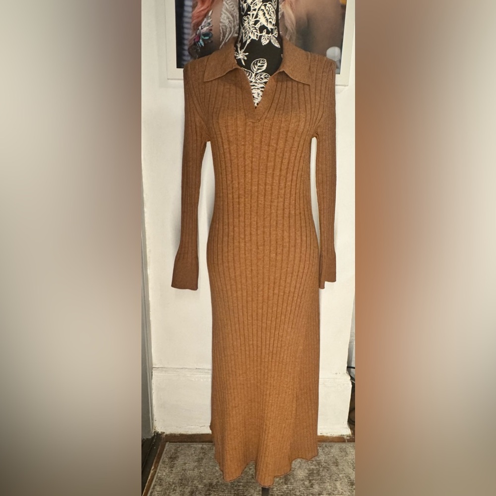 Elegant Tan Ribbed Knit Dress